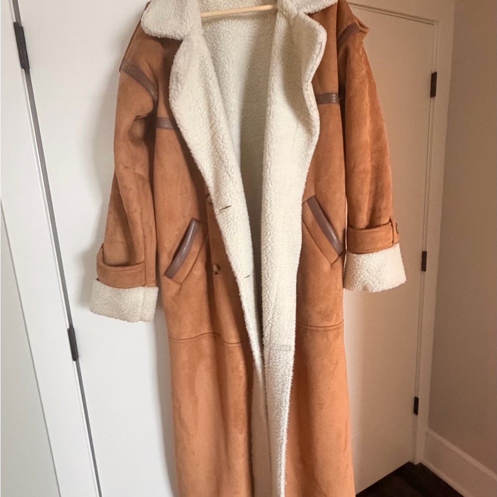 Long Shearling-Lined Faux Suede Coat in Camel